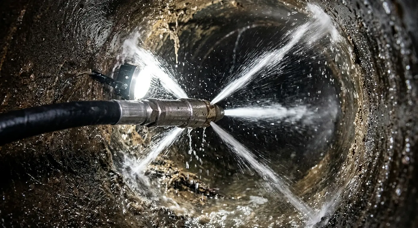 High-pressure hydro jetting nozzle cleaning sewer pipe for Emergency Drain Service in Lubbock