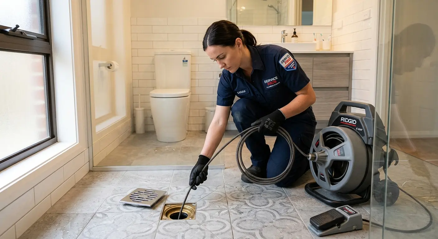 Technician clearing a bathroom floor drain for Drain Repair in Lubbock